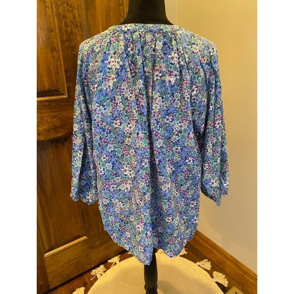 St John’s Bay Top Blue Floral Blouse XL Boho Peasant V Neck Flowy Casual Comfy - Picture 6 of 10
